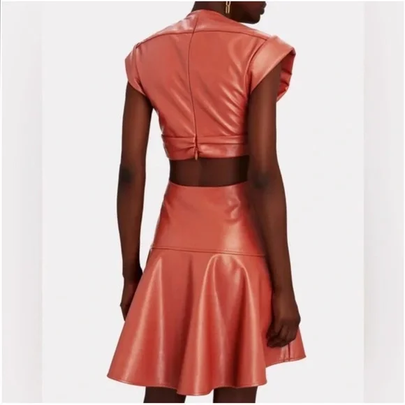 A.L.C Lexi orange or brown vegan leather v neck cutout mini dress - Picture 2 of 12